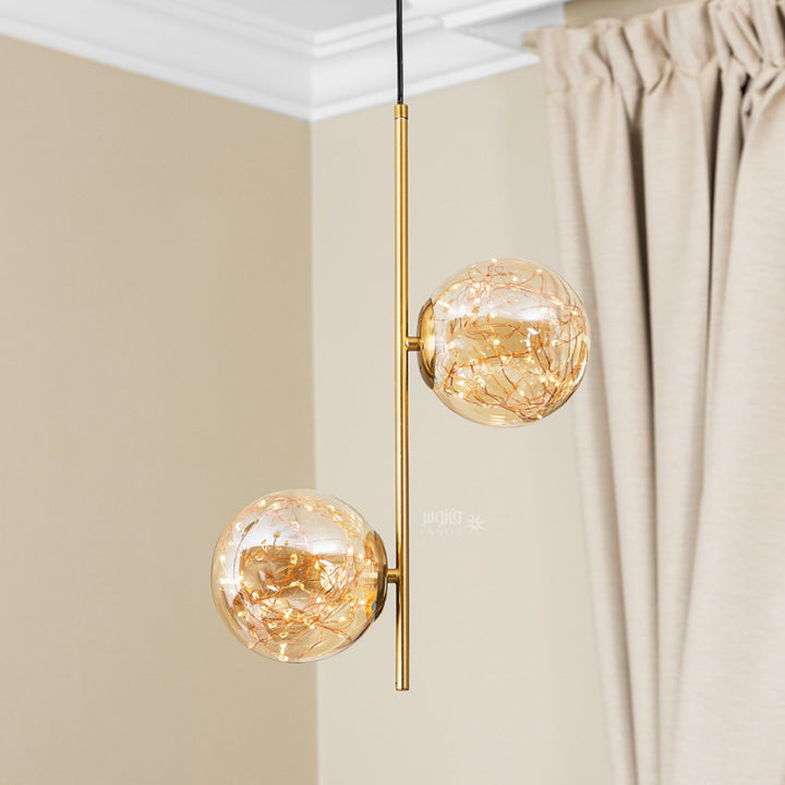 Two Golden Pendant Lighting Balls with LED Lighting spots